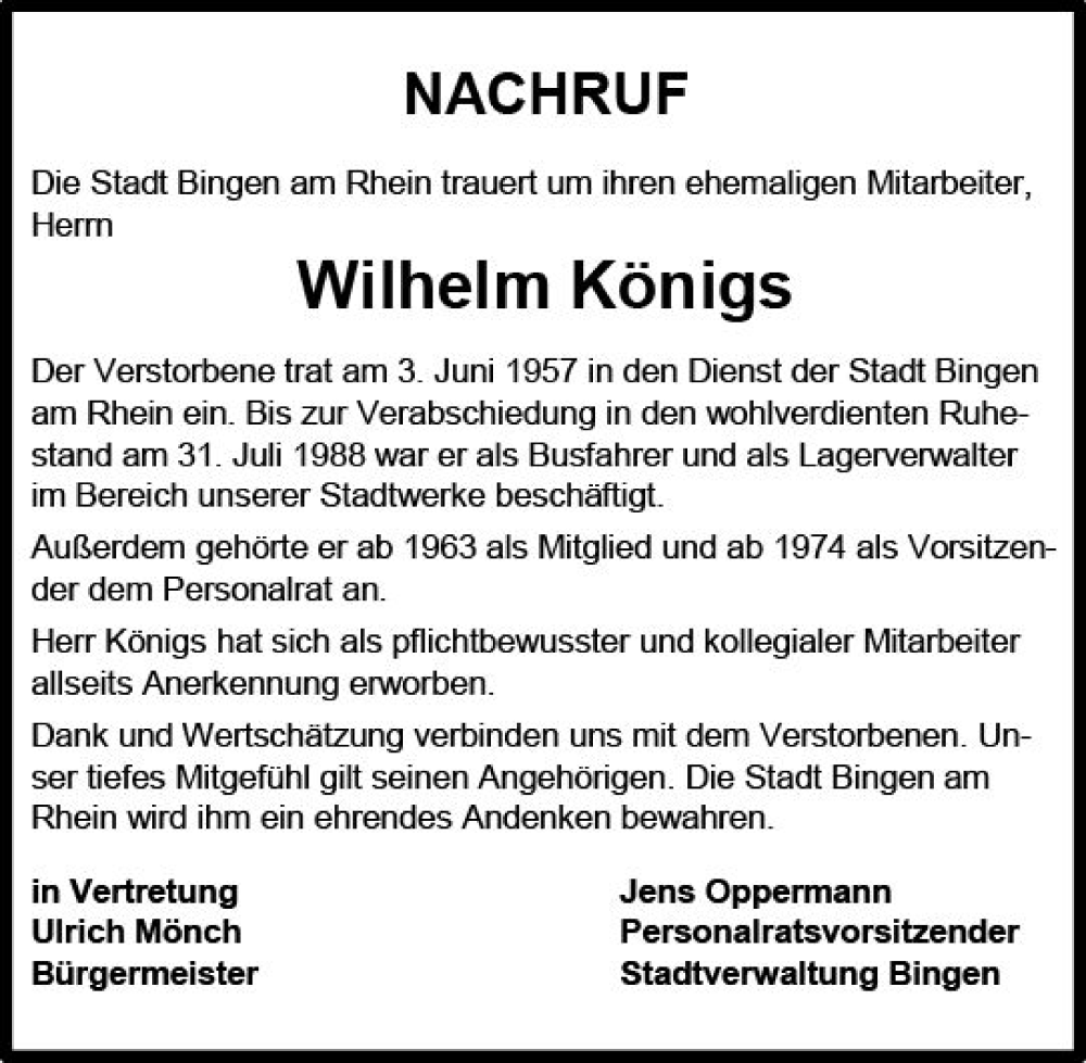  Traueranzeige für Wilhelm Königs vom 18.08.2023 aus Allgemeine Zeitung Bingen/Ingelheim