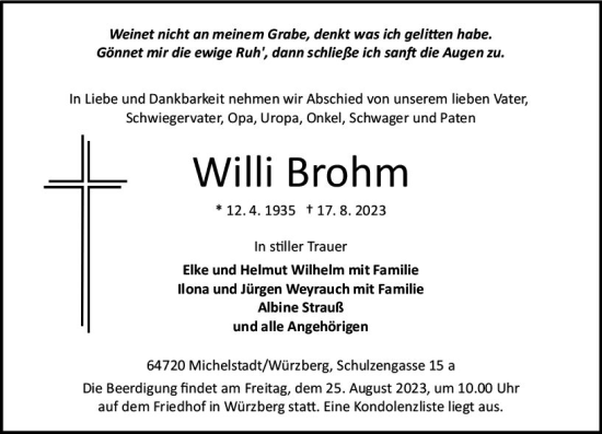 Traueranzeige von Willi Brohm von Odenwälder Echo