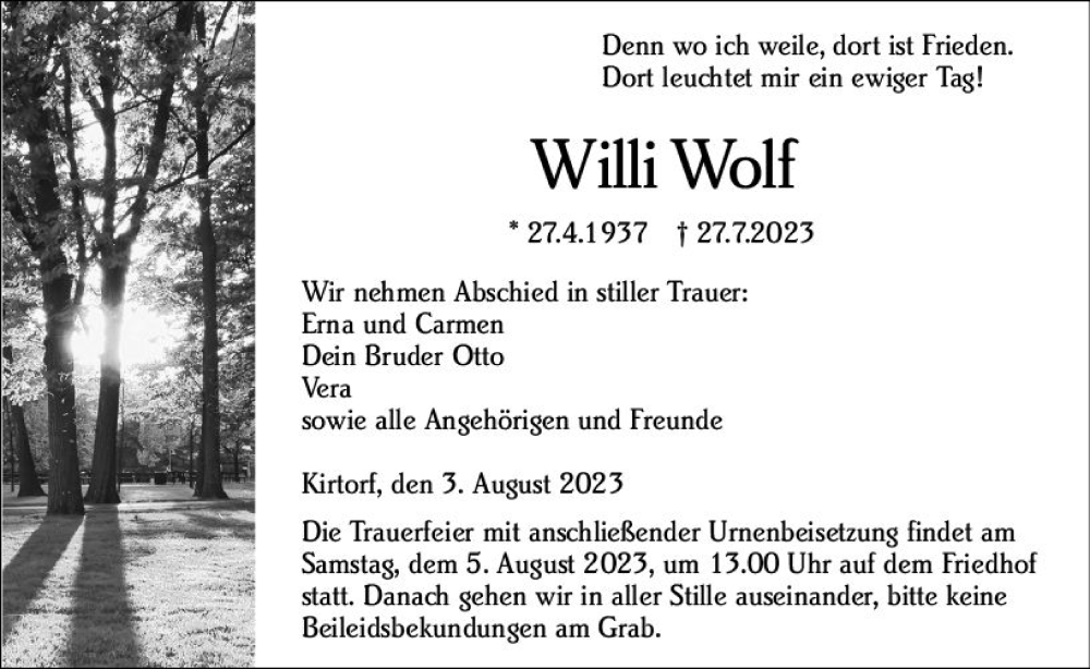  Traueranzeige für Willi Wolf vom 03.08.2023 aus VRM Trauer