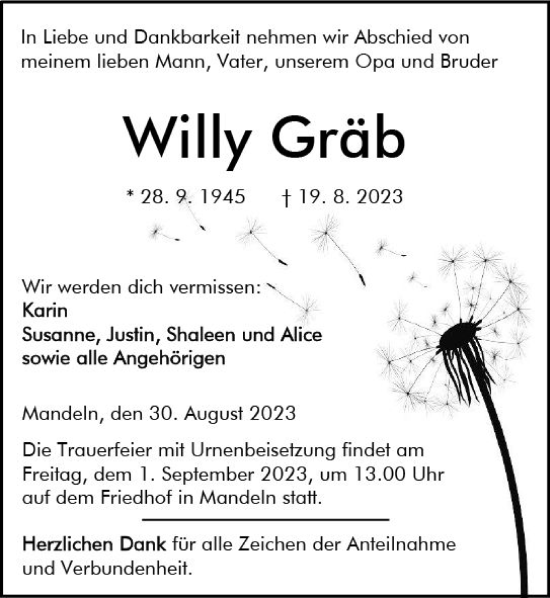 Traueranzeige von Willy Gräb von Dill Block