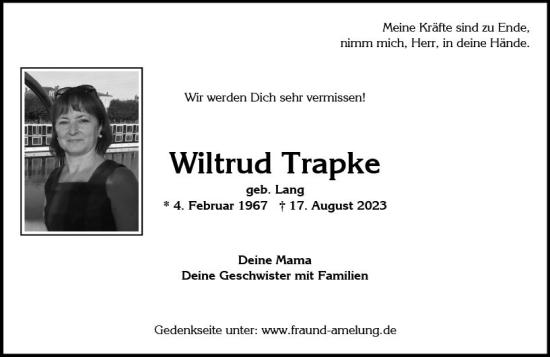Traueranzeige von Wiltrud Trapke von Wiesbadener Kurier