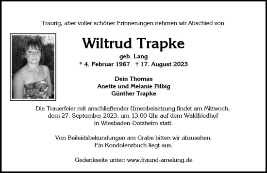 Traueranzeige von Wiltrud Trapke von Wiesbadener Kurier