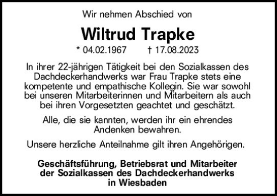 Traueranzeige von Wiltrud Trapke von Wiesbadener Kurier