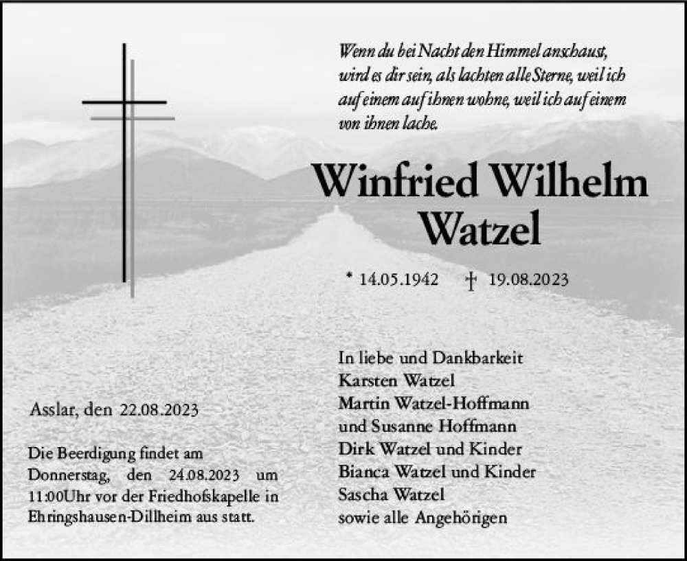 Traueranzeige für Winfried Wilhelm Watzel vom 22.08.2023 aus Wetzlarer Neue Zeitung