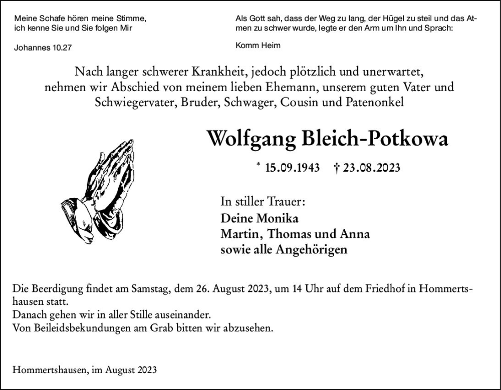  Traueranzeige für Wolfgang Bleich-Potkowa vom 25.08.2023 aus Hinterländer Anzeiger
