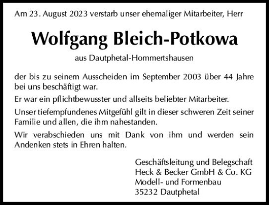 Traueranzeige von Wolfgang Bleich-Potkowa von Hinterländer Anzeiger
