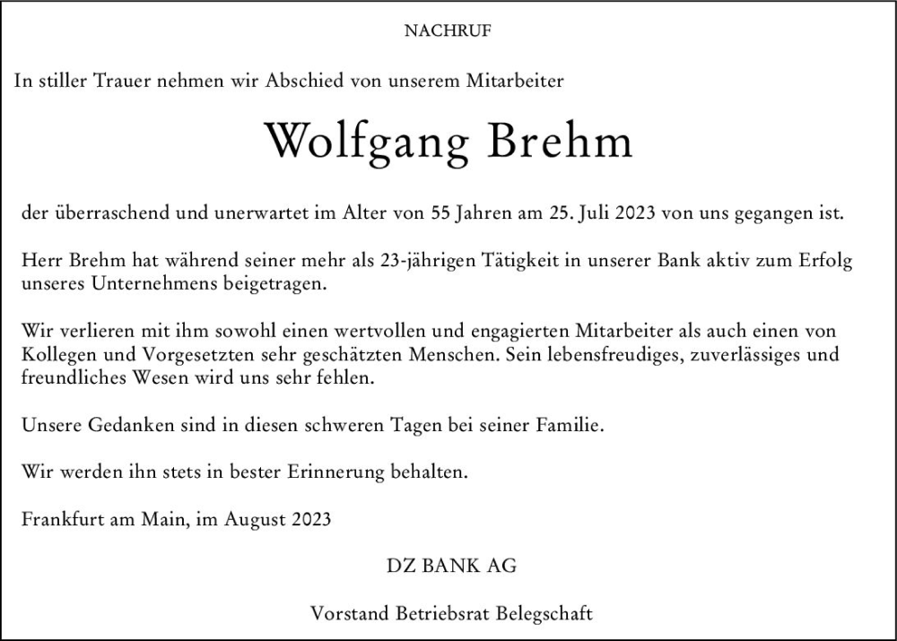  Traueranzeige für Wolfgang Brehm vom 18.08.2023 aus Hochheimer Zeitung