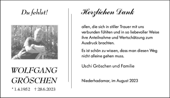 Traueranzeige von Wolfgang Gröschen von Nassauische Neue Presse