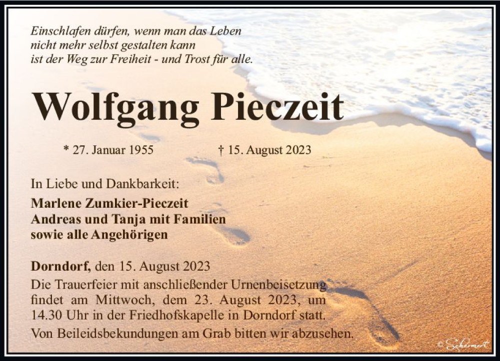  Traueranzeige für Wolfgang Pieczeit vom 19.08.2023 aus Nassauische Neue Presse