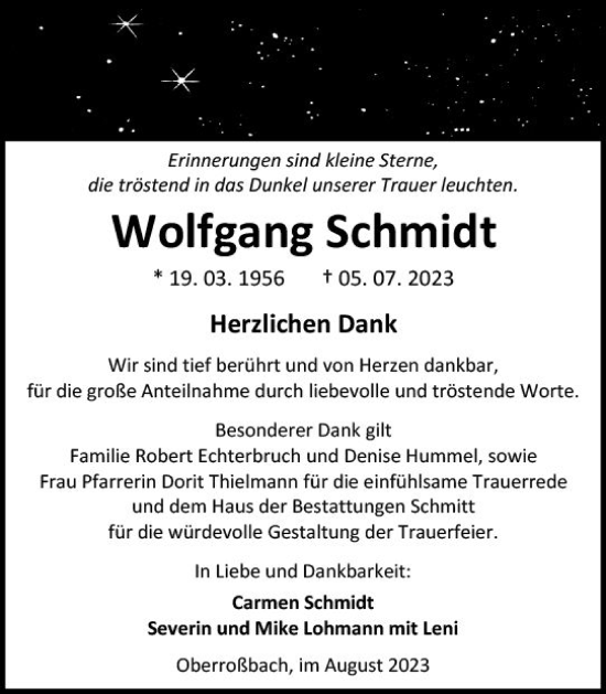 Traueranzeige von Wolfgang Schmidt von Dill Block