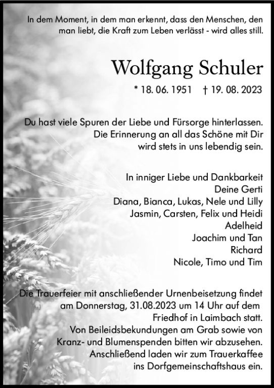 Traueranzeige von Wolfgang Schuler von Weilburger Tageblatt
