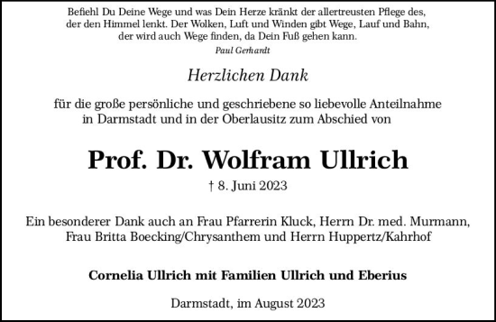Traueranzeige von Wolfram Ullrich von Darmstädter Echo