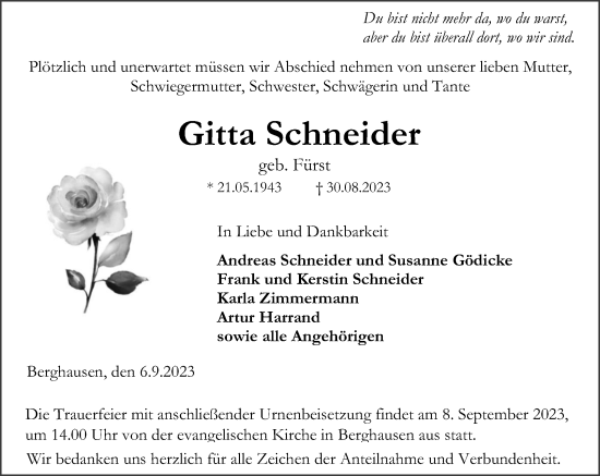 Traueranzeige von Gitta Schneider von Wetzlarer Neue Zeitung