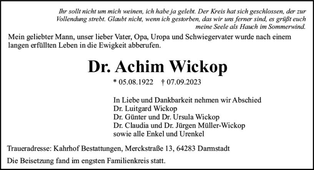  Traueranzeige für Achim Wickop vom 16.09.2023 aus Darmstädter Echo