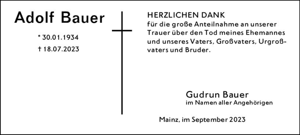  Traueranzeige für Adolf Bauer vom 30.09.2023 aus Allgemeine Zeitung Mainz