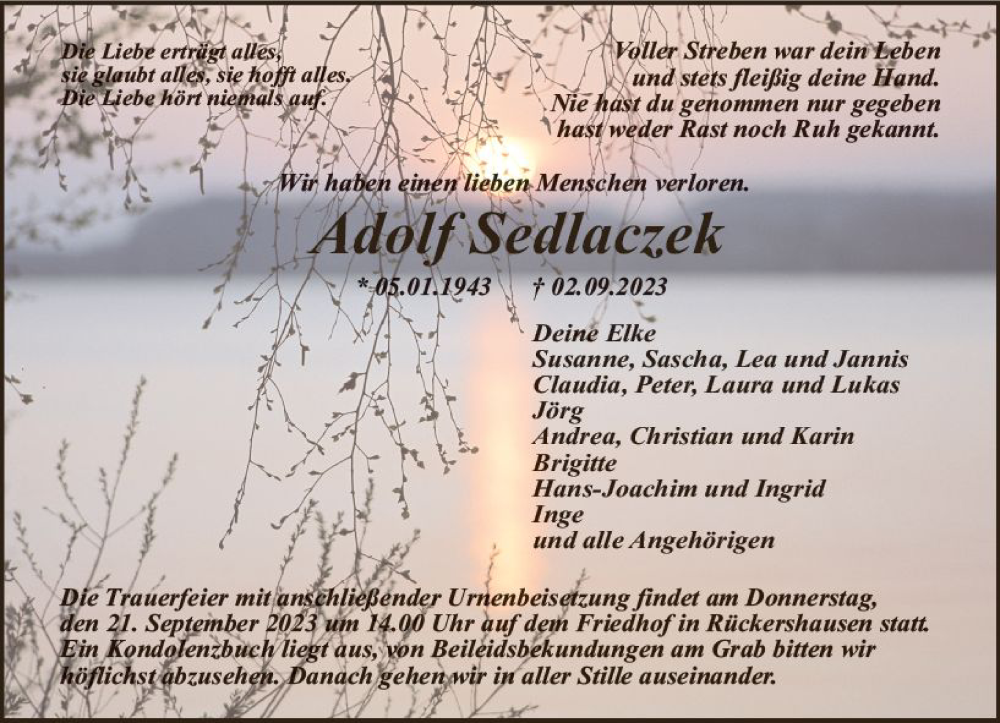  Traueranzeige für Adolf Sedlaczek vom 16.09.2023 aus Weilburger Tageblatt