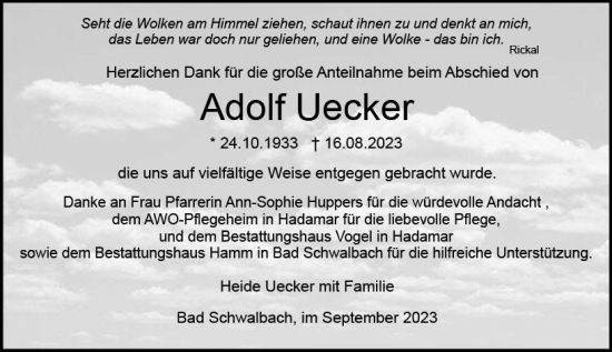 Traueranzeige von Adolf Uecker von Idsteiner Land/Untertaunus