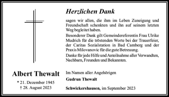 Traueranzeige von Albert Thewalt von Camberger Anzeiger