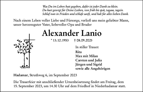 Traueranzeige von Alexander Lanio von Nassauische Neue Presse