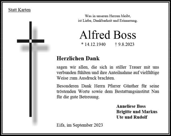 Traueranzeige von Alfred Boss von Oberhessen Kurier