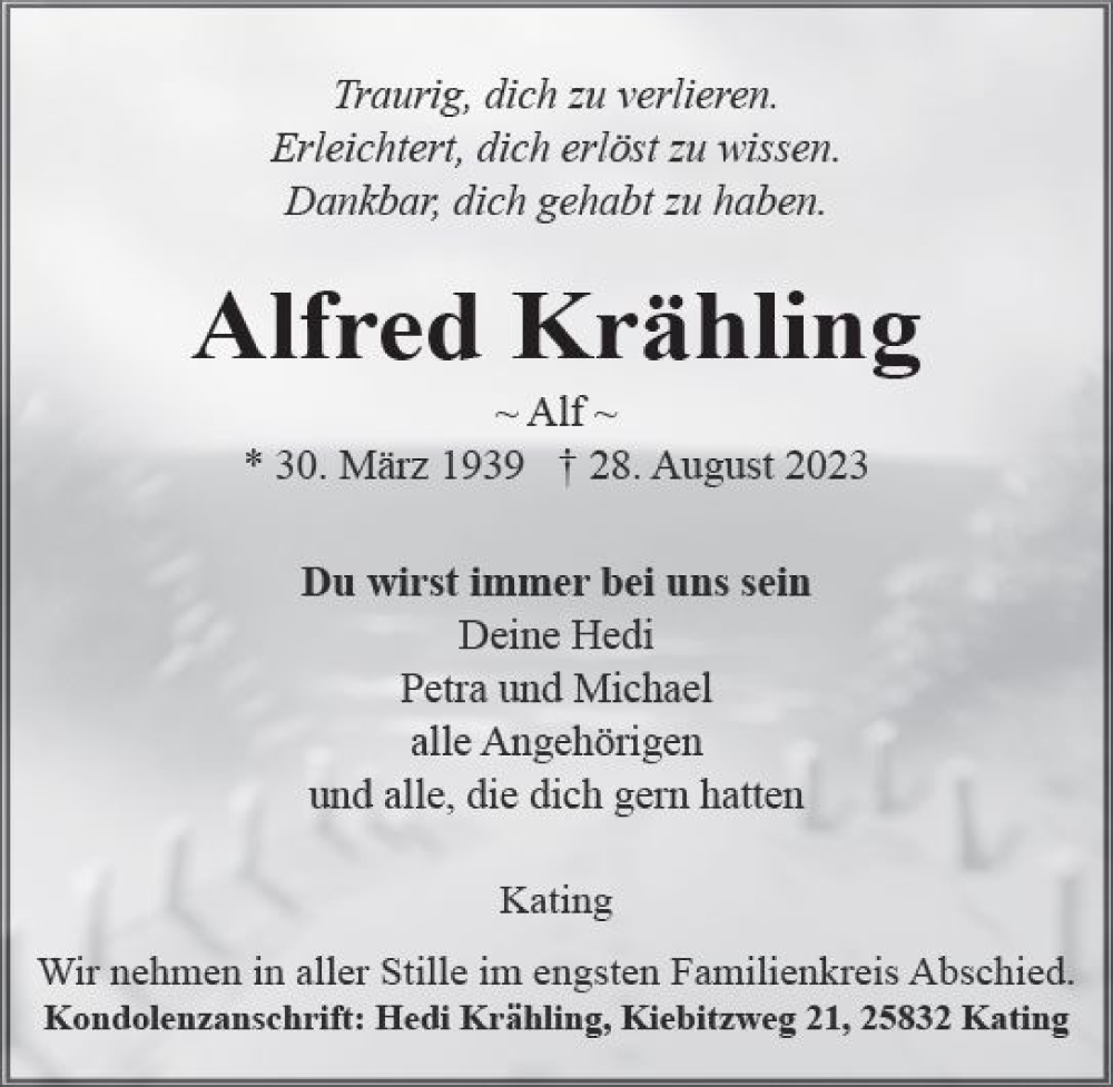  Traueranzeige für Alfred Krähling vom 02.09.2023 aus VRM Trauer