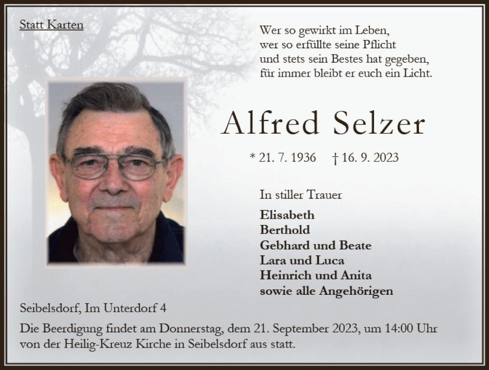  Traueranzeige für Alfred Selzer vom 19.09.2023 aus VRM Trauer