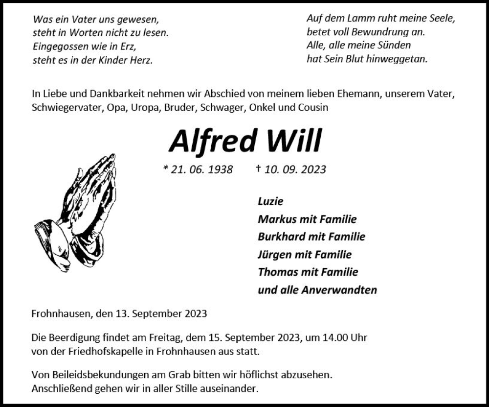  Traueranzeige für Alfred Will vom 13.09.2023 aus Dill Block