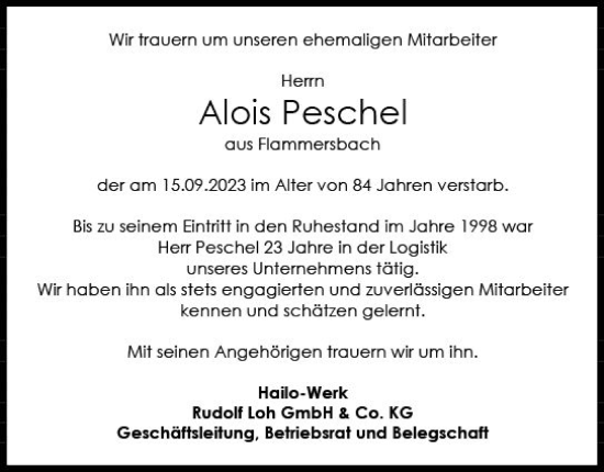 Traueranzeige von Alois Peschel von Dill Block