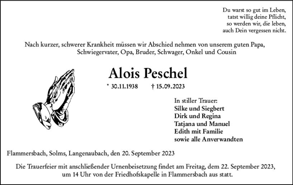  Traueranzeige für Alois Peschel vom 20.09.2023 aus Dill Block