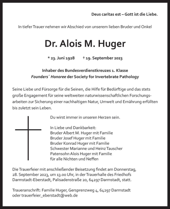Traueranzeige von Alois M. Huger von Darmstädter Echo