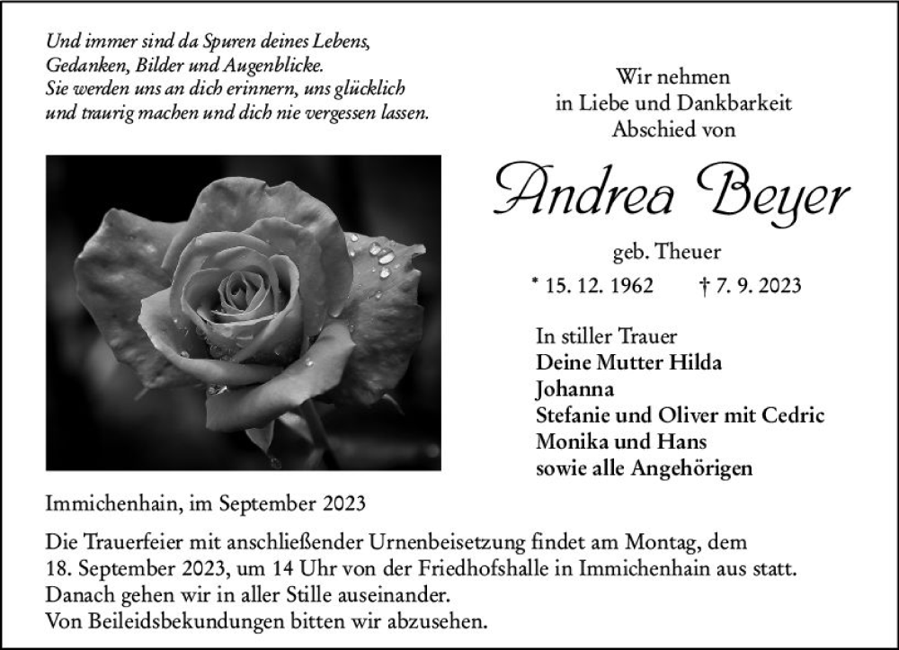  Traueranzeige für Andrea Beyer vom 16.09.2023 aus Oberhessen Kurier