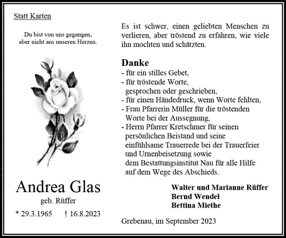  Traueranzeige für Andrea Glas vom 30.09.2023 aus Oberhessen Kurier
