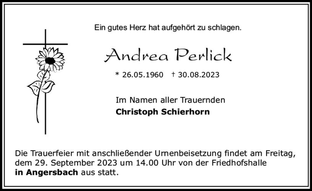  Traueranzeige für Andrea Perlick vom 23.09.2023 aus VRM Trauer