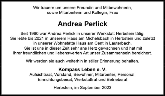 Traueranzeige von Andrea Perlick von VRM Trauer