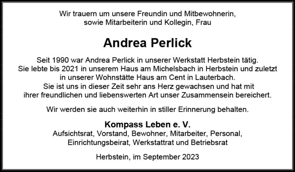  Traueranzeige für Andrea Perlick vom 29.09.2023 aus VRM Trauer