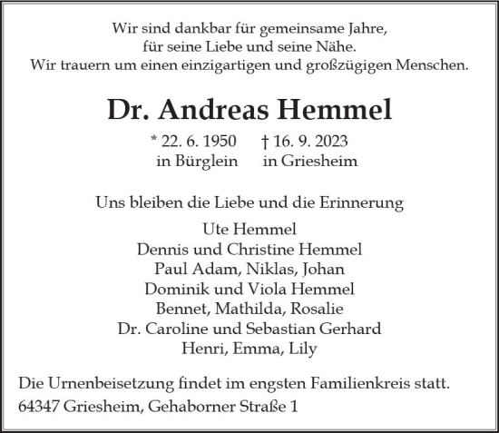 Traueranzeige von Andreas Hemmel von Darmstädter Echo