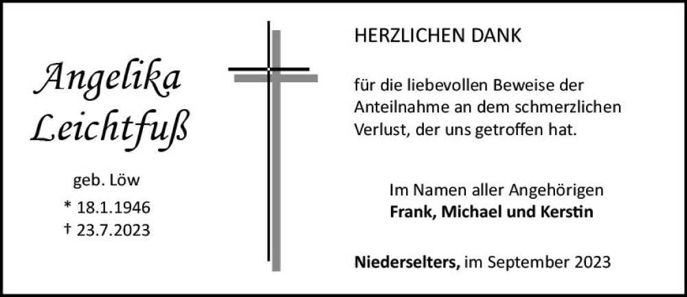  Traueranzeige für Angelika Leichtfuß vom 07.09.2023 aus Camberger Anzeiger