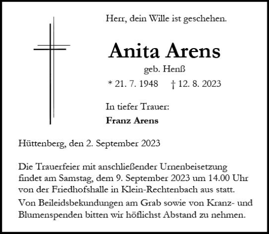 Traueranzeige von Anita Arens von Wetzlarer Neue Zeitung