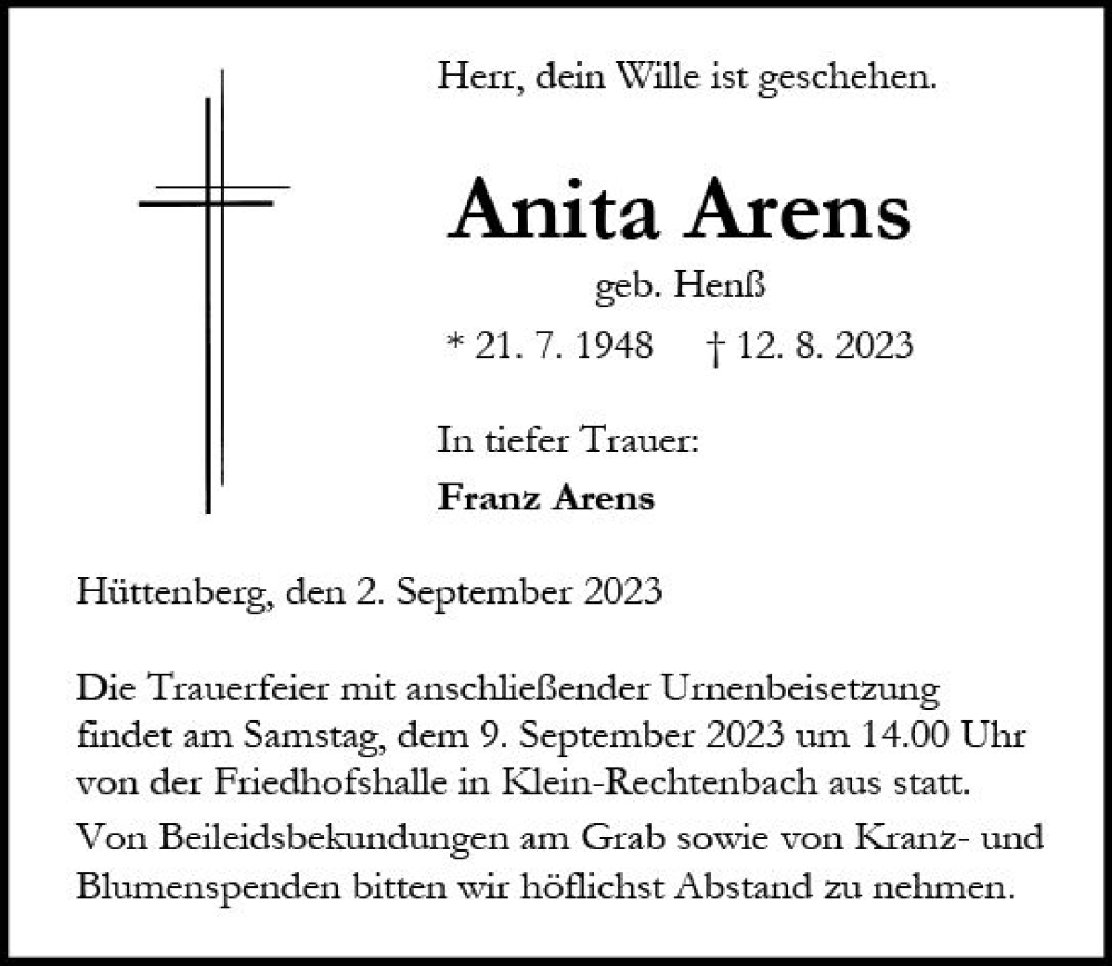  Traueranzeige für Anita Arens vom 02.09.2023 aus Wetzlarer Neue Zeitung