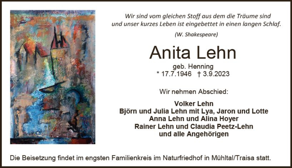  Traueranzeige für Anita Lehn vom 09.09.2023 aus Darmstädter Echo