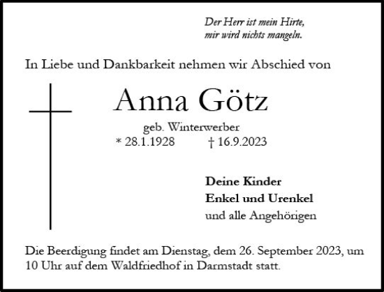 Traueranzeige von Anna Götz von Darmstädter Echo