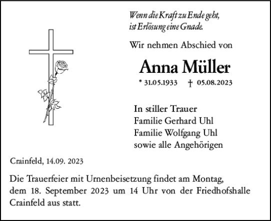 Traueranzeige von Anna Müller von VRM Trauer