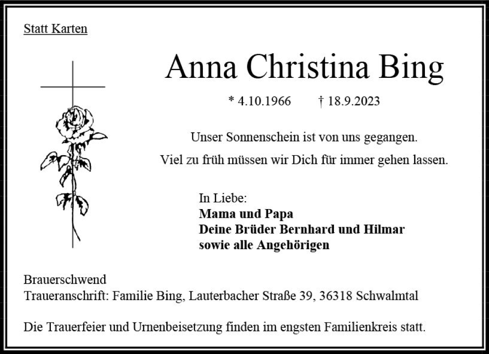  Traueranzeige für Anna Christina Bing vom 23.09.2023 aus Oberhessen Kurier