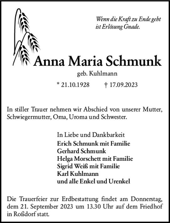 Traueranzeige von Anna Maria Schmunk von Darmstädter Echo