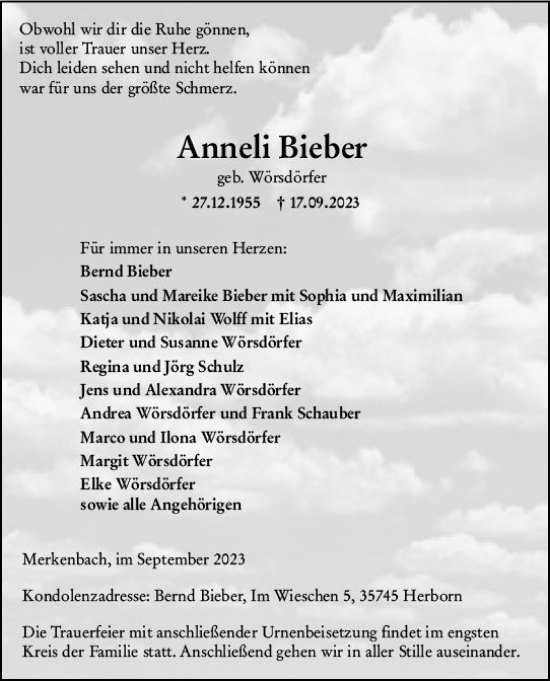 Traueranzeige von Anneli Bieber von Dill Block
