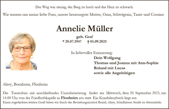 Traueranzeige von Annelie Müller von Allgemeine Zeitung Alzey
