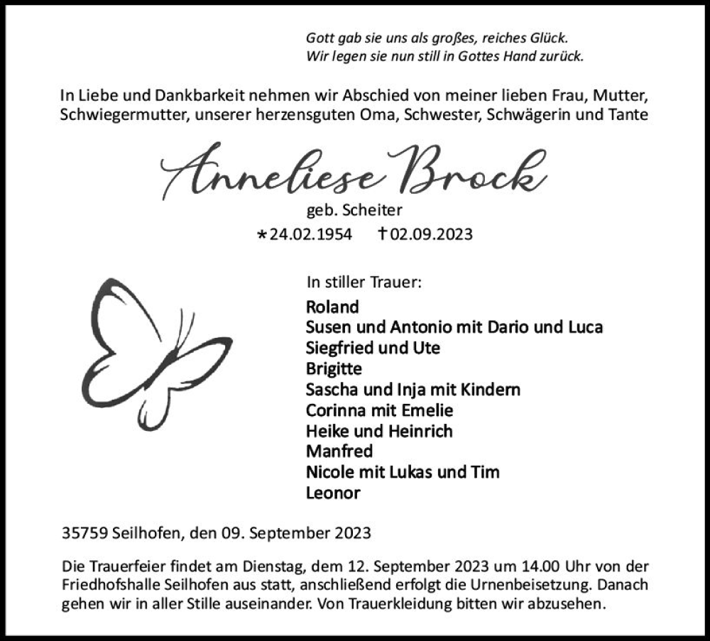  Traueranzeige für Anneliese Brock vom 09.09.2023 aus Dill Block