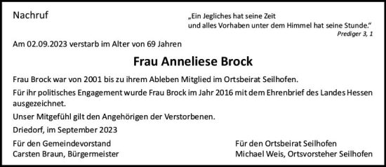 Traueranzeige von Anneliese Brock von Dill Block