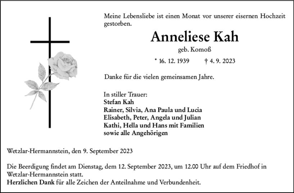  Traueranzeige für Anneliese Kah vom 09.09.2023 aus Wetzlarer Neue Zeitung