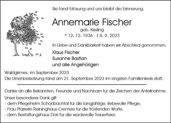 Traueranzeige von Annemarie Fischer von Wetzlarer Neue Zeitung